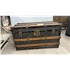 Image 1 : Antique Flat-Top Steamer Trunk 20 x 34 x 17 with Inside Tray, Wood Slats and Brass Hardware