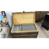 Image 7 : Antique Flat-Top Steamer Trunk 20 x 34 x 17 with Inside Tray, Wood Slats and Brass Hardware
