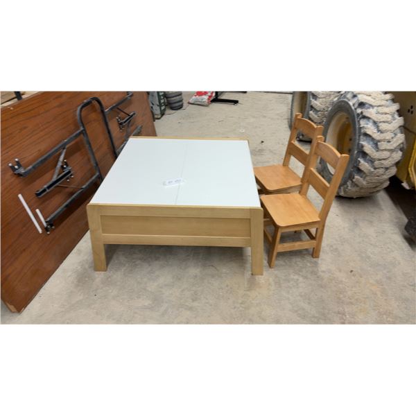 Children's Activity Table 17 x 33 x 32" with Storage Bins, Two Wooden Chairs, and Train Set