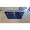 Image 1 : Blue Metal Steamer Trunk with Brass-Tone Hardware and Side handles19 X 35 x 20"