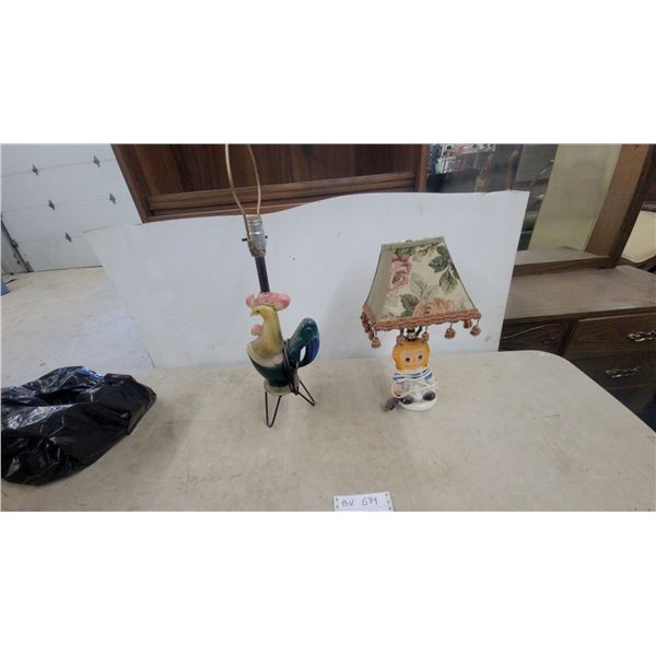 Vintage Ceramic Rooster Lamp w/Metal Stand & Raggedy Andy Figural Lamp w/Floral Shade - Lot of 2