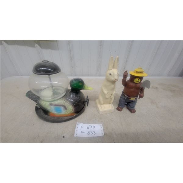 Mallard Duck Gumball Dispenser, Vivtage Rabbit Bank Figurine, and Smokey Bear Figure