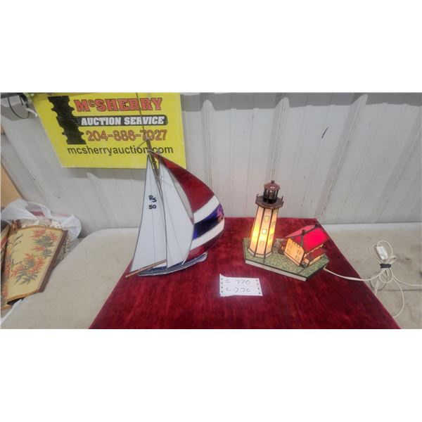 Stained Glass Sailboat Figurine 17" Tall and Lighthouse Lamp