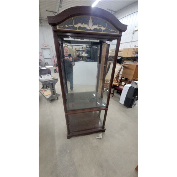 Curio Display Cabinet with Arched Bonnet Top, Glass Shelves, Mirrored Back, Cherry Finish Lights up