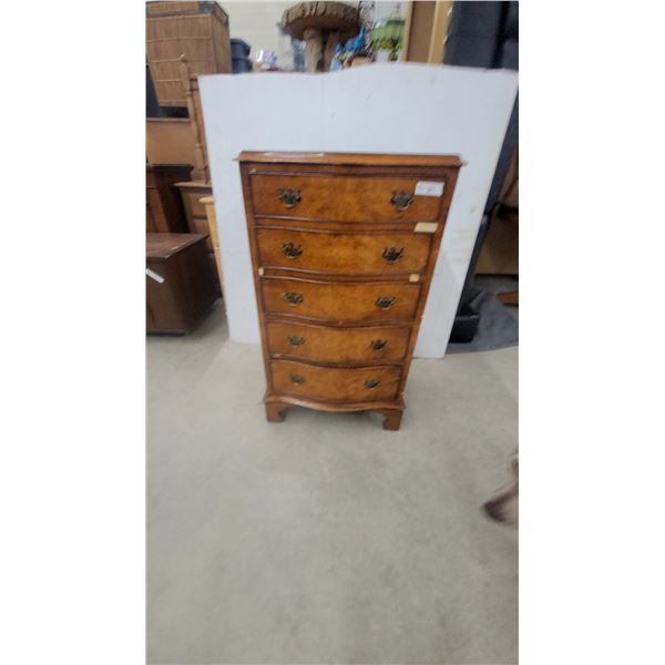 Serpentine Front 6-Drawer Chest with Brass Bail Pulls, Burl Wood Veneer Finish 37 x 15 x 21"