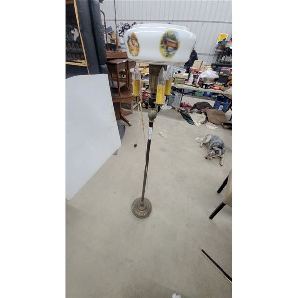 Antique Brass Floor Lamp with Painted Milk Glass Shade Featuring Covered Bridge Scenes