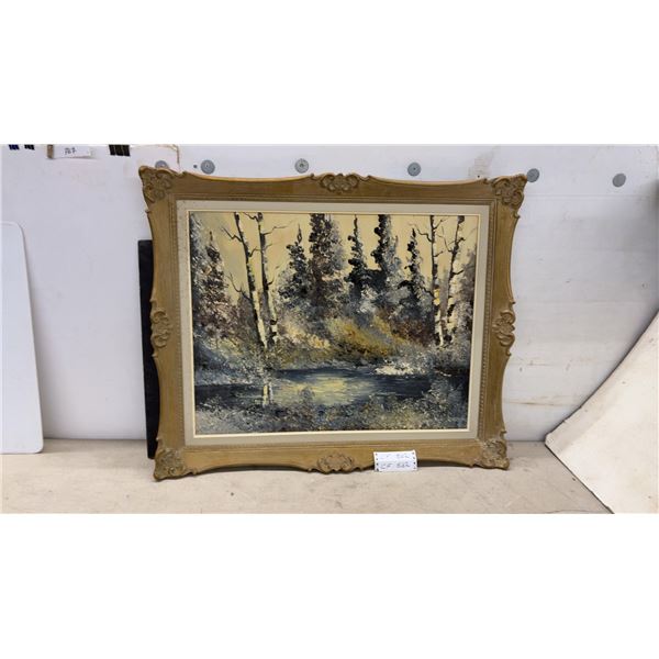 Oil Painting of Birch Trees by Water in Ornate Gold Frame, Signed, Landscape Scene, 28 x 34"