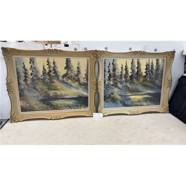 Pair of Framed Oil Paintings, Forest Landscape Scenes, Signed, Ornate Gilt Frames 28 x 34"