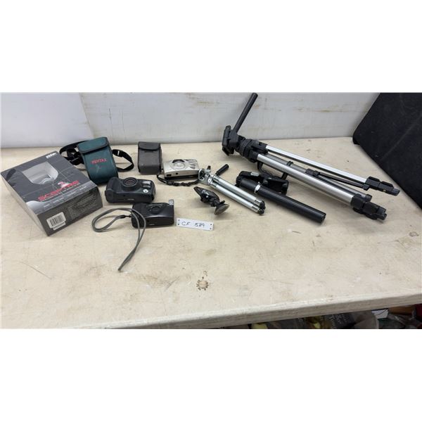Camera Lot: Sceptre SVC300 USB Webcam, Ricoh 35mm Camera, Pentax Camera, Dashcam, Tripods