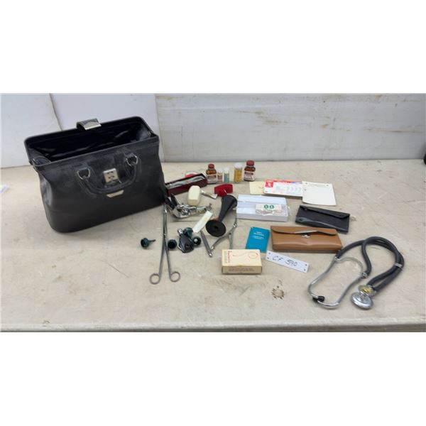 Vintage Black Leather Doctor's Bag with Medical Instruments, Stethoscope, Syringes & Supplies