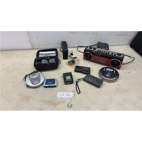Vintage Audio Lot: Sylvania Boombox, Philips CD Player, Sony Recorder, Olympus Recorder, iSound
