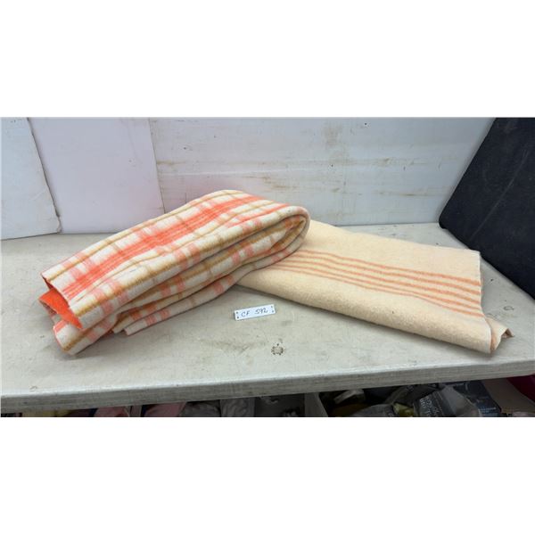 2 Vintage Wool Blankets Orange/Cream Striped