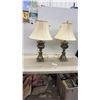 Image 1 : Pair of Traditional Urn-Style Table Lamps with Bell Shades, Antiqued Bronze Finish 31" H