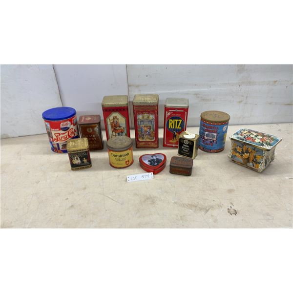Collection of Vintage Advertising Tins Including Pepsi-Cola, Maxwell House, Ritz, Dominion Tobacco