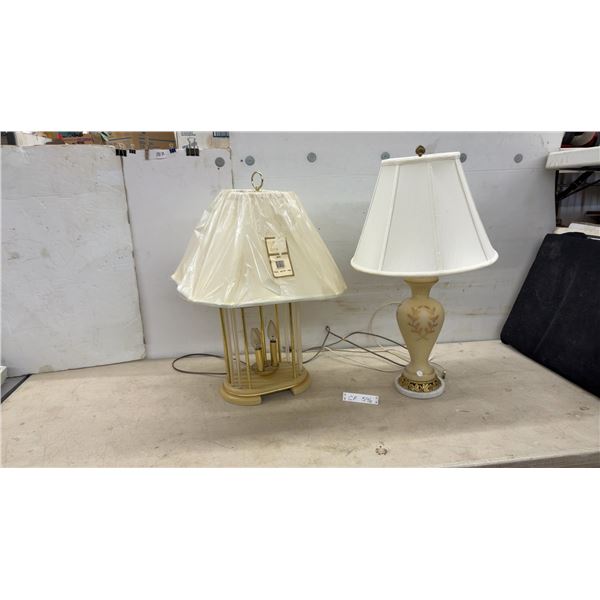 Pair of Table Lamps: Brass Lantern-Style with Candelabra Bulbs 28" H & Ceramic Vase with Marble