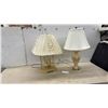 Image 1 : Pair of Table Lamps: Brass Lantern-Style with Candelabra Bulbs 28" H & Ceramic Vase with Marble