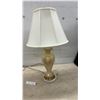 Image 4 : Pair of Table Lamps: Brass Lantern-Style with Candelabra Bulbs 28" H & Ceramic Vase with Marble