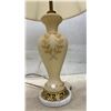 Image 5 : Pair of Table Lamps: Brass Lantern-Style with Candelabra Bulbs 28" H & Ceramic Vase with Marble