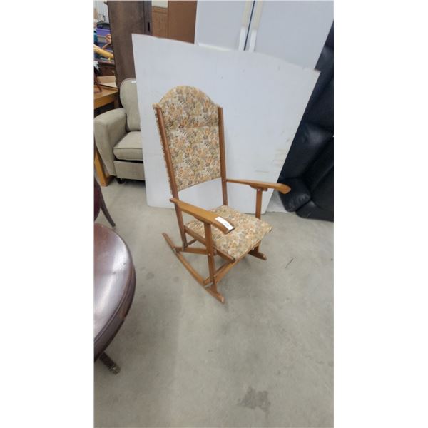 Wooden Folding Rocking Chair with Floral Upholstered Seat and Back, Curved Armrests