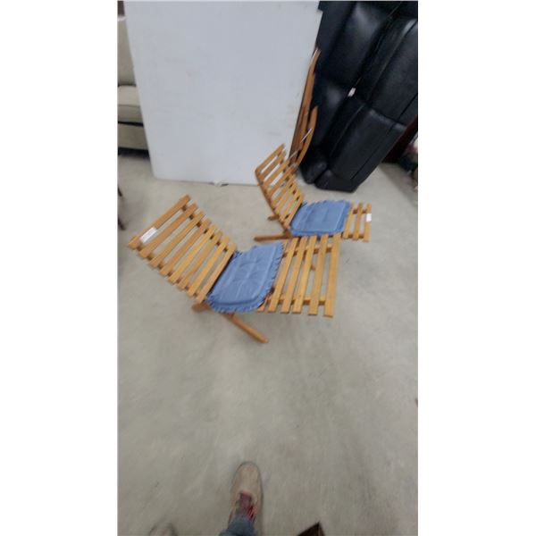 Wooden Slatted Folding Chair with Matching Ottoman and Blue Cushions 2x