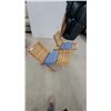 Image 1 : Wooden Slatted Folding Chair with Matching Ottoman and Blue Cushions 2x