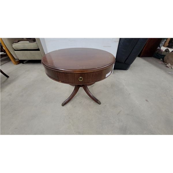 Mahogany Drum Table with Tripod Pedestal Base, Brass Feet, and Single drawer19" Hgt. 25" Diameter