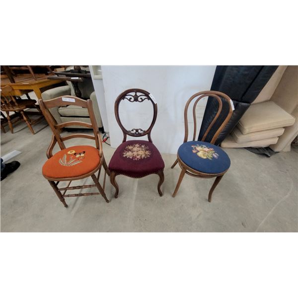 Lot of 3 Antique Wooden Chairs with Needlepoint Embroidered Seats in Orange, Burgundy, and Blue