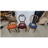Image 1 : Lot of 3 Antique Wooden Chairs with Needlepoint Embroidered Seats in Orange, Burgundy, and Blue