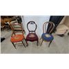 Image 2 : Lot of 3 Antique Wooden Chairs with Needlepoint Embroidered Seats in Orange, Burgundy, and Blue