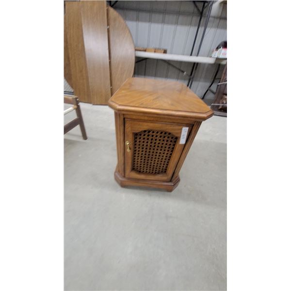 Oak End Table with Cane Door Panel and Brass Handle, Octagonal Top with Parquet Veneer Design 22 x