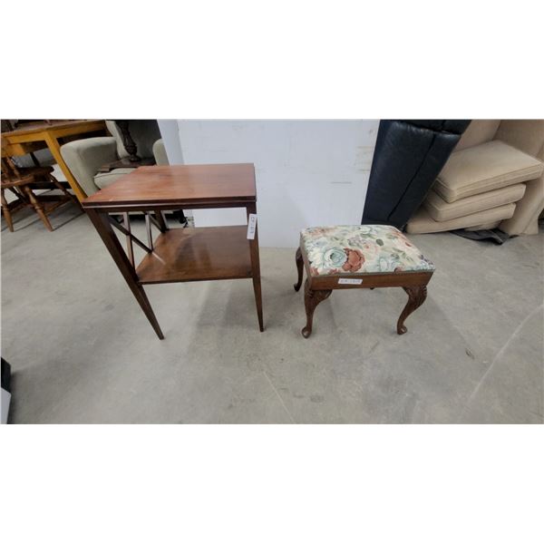 Wooden Side Table with X-Frame Base 26 x 20 x 18" and Floral Upholstered Footstool