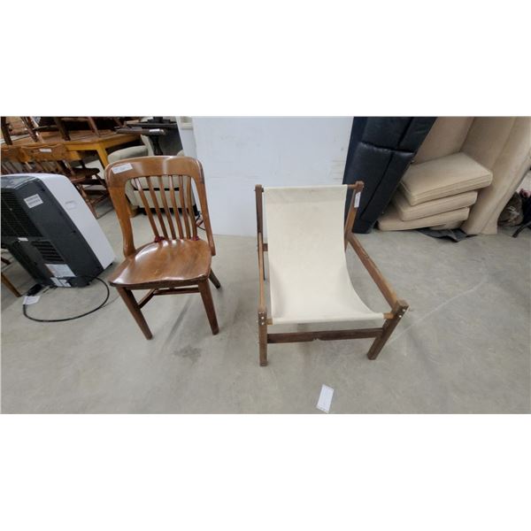 Wooden Banker's Chair and Canvas Sling Chair with Wood Frame, Set of 2
