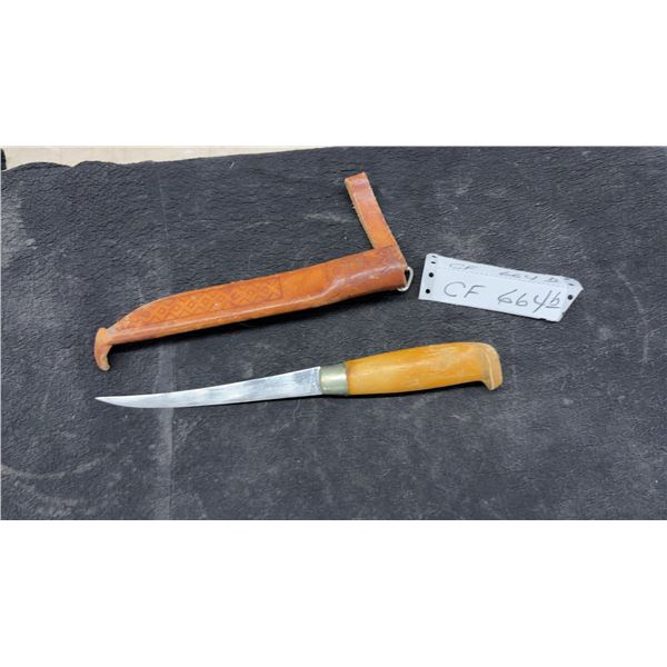 J. Marttiini Finland Fillet Knife with Wooden Handle & Tooled Leather Sheath, 5" Blade