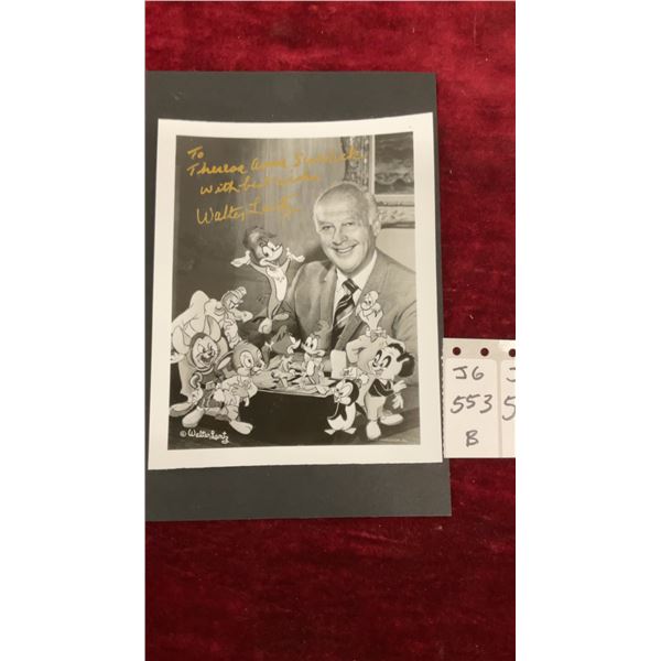 Walter Lantz Autographed Signed Photo with Cartoon Characters, 5 x 6.25"., Personalized to Theresa