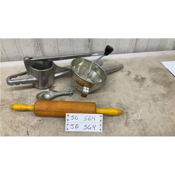 Vintage German Us-Zone Spaetzle Potato Press, Foley Food Mill Strainer, Rolling Pin & Measuring Set