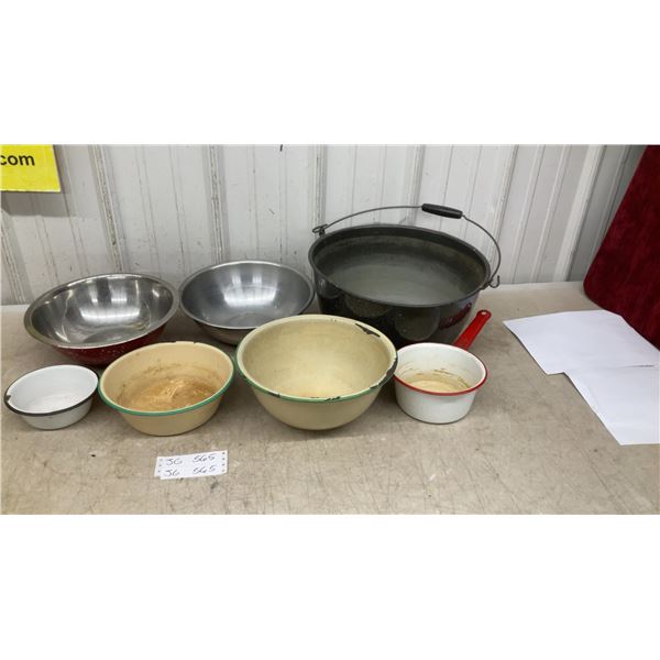 Old Enamelware Pots & 2 Stainless Steel Bowls