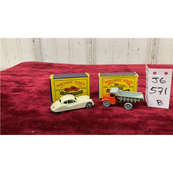 2 Vintage Matchbox Lesney: Quarry Dump Truck #6 & 1932 Jaguar Xk 140 #32 in Original Boxes