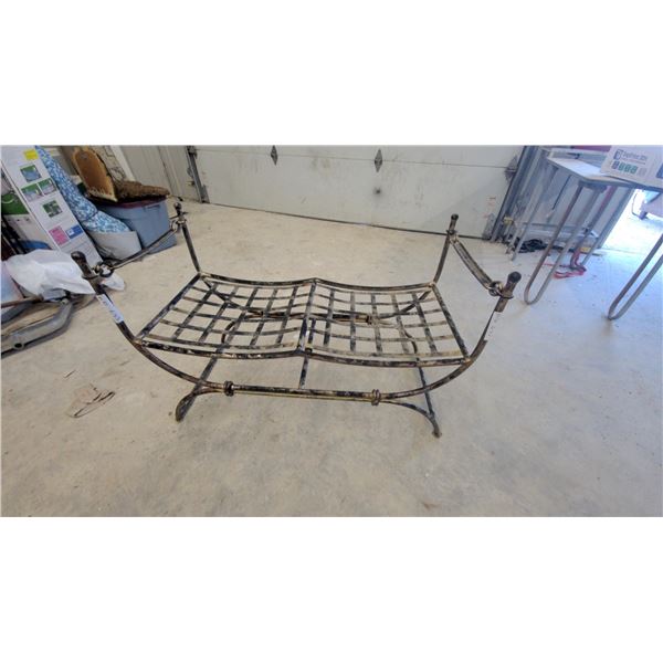 Wrought Iron Garden Bench with Woven Strap Seat and Curved Armrests 40" Wide