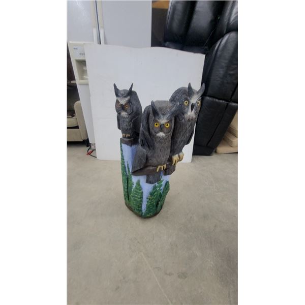 Chainsaw-Carved Wooden Great Horned Owl Trio Sculpture with Painted Forest Base 34" Manitoba Artist