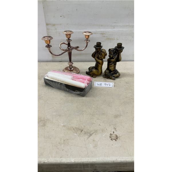 Vintage Silver-Plated Candelabra, Cherub Figural Candle Holders, and Taper Candles