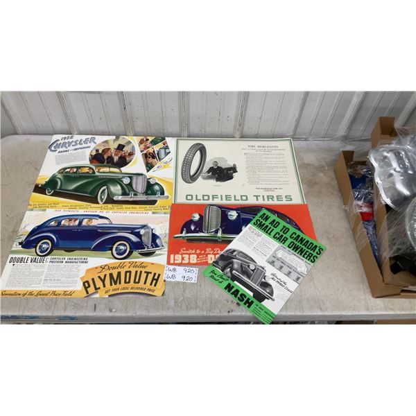 5 Antique Automobile 1938 Advertising Lot: Nash, Oldfield Tire, Dodge, Chrysler, and More