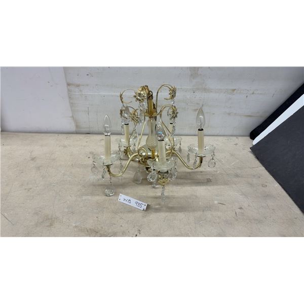 Antique Brass Five-Light Chandelier with Crystal Prisms and Floral Accents