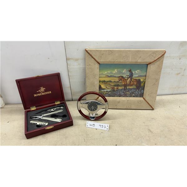 Vintage Winchester 3-Piece Tool Set, Wall Clock and Cowboy Picture Framed 12 x 14 1/2"
