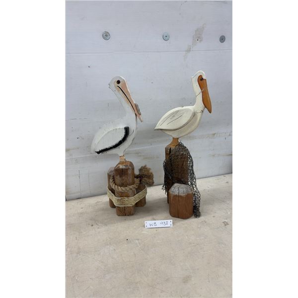 Pair of Vintage Hand-Carved Wooden Pelican Statues on Log Bases, 24" Tall, Damage on Beak / Neck