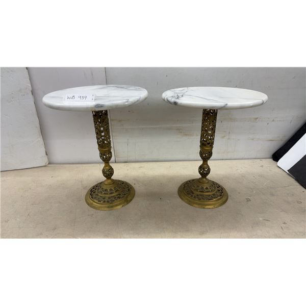 Pair of Hollywood Regency Brass Pedestal Side Tables with Marble Tops, 18" Tall X 15" Diameter