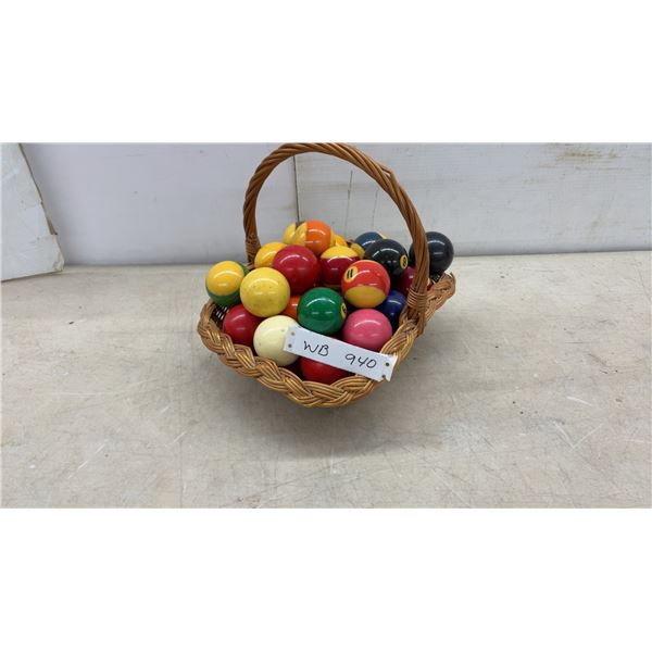 Two Vintage Snooker and Boston Ball Sets with Cue Balls, Chalk, and Wicker Basket