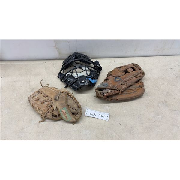 Vintage Baseball Gear Lot: Two Leather Gloves and Catcher's Mask