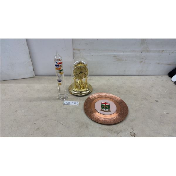 Vintage Galileo 11" Thermometer, Quartz Clock, and Manitoba Copper Plate Wall Hanging