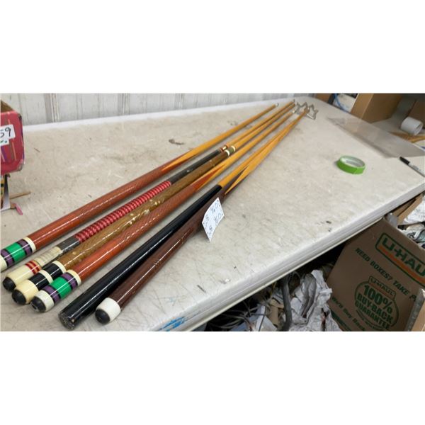 5 Vintage Billiard Cue Sticks and 1 Rest