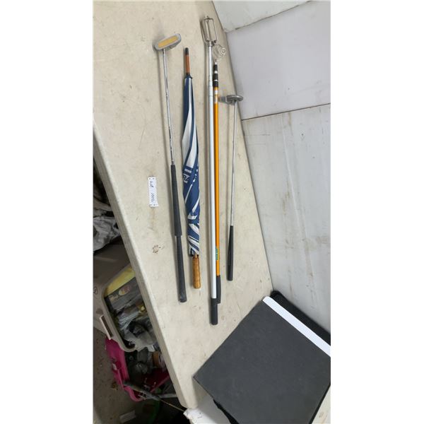 Two Right Hand Golf Putters Northwestern & Chamois, Two Ball Retrievers, and Umbrella